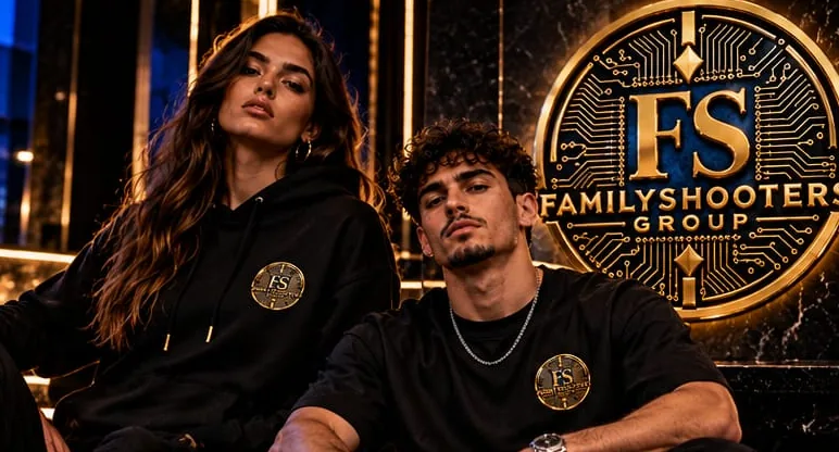 Pareja con sudadera y camiseta FamilyShooters frente al medallón dorado