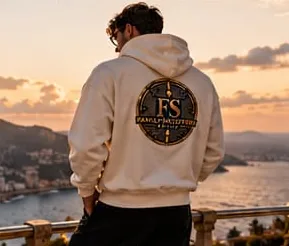 Sudadera crema con el medallón frente al mar