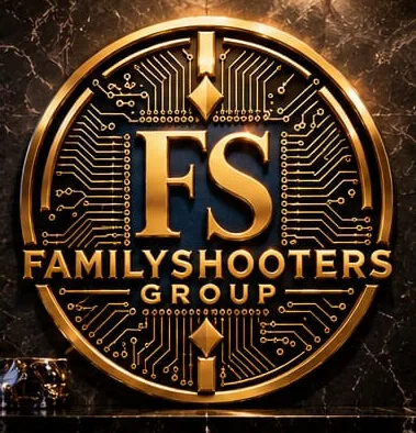 El medallón FamilyShootersGroup en dorado sobre mármol negro