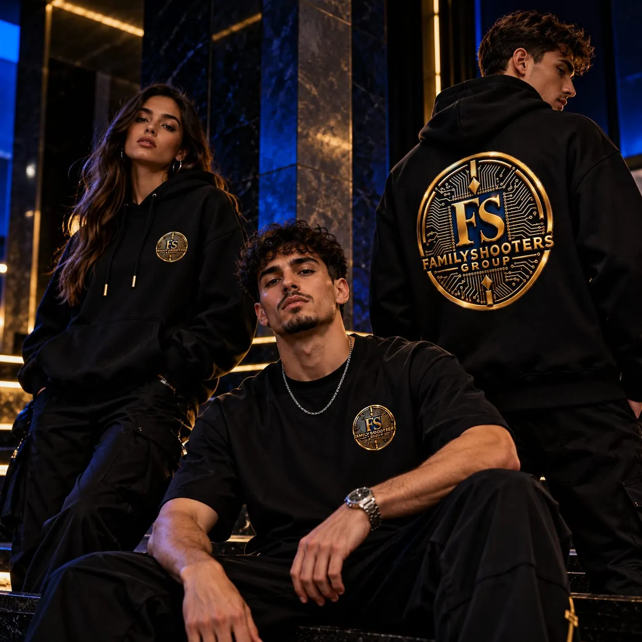 Tres miembros de la familia con la sudadera y la camiseta FamilyShooters